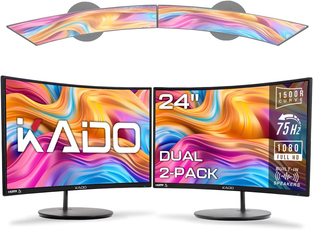 Kado Dual Monitor Setup - 2-Pack 24' Curved 1920x1080 Computer Monitor 1500R 75Hz VESA Mount HDMI Office Gaming Hybrid Built-in Speakers (C24X Dual Series)