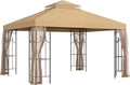 Outsunny 10' x 12' Patio Gazebo with Corner Frame Shelves, Double Roof Outdoor Gazebo Canopy Shelter with Netting for Patio, Wedding, Catering & Events, Brown