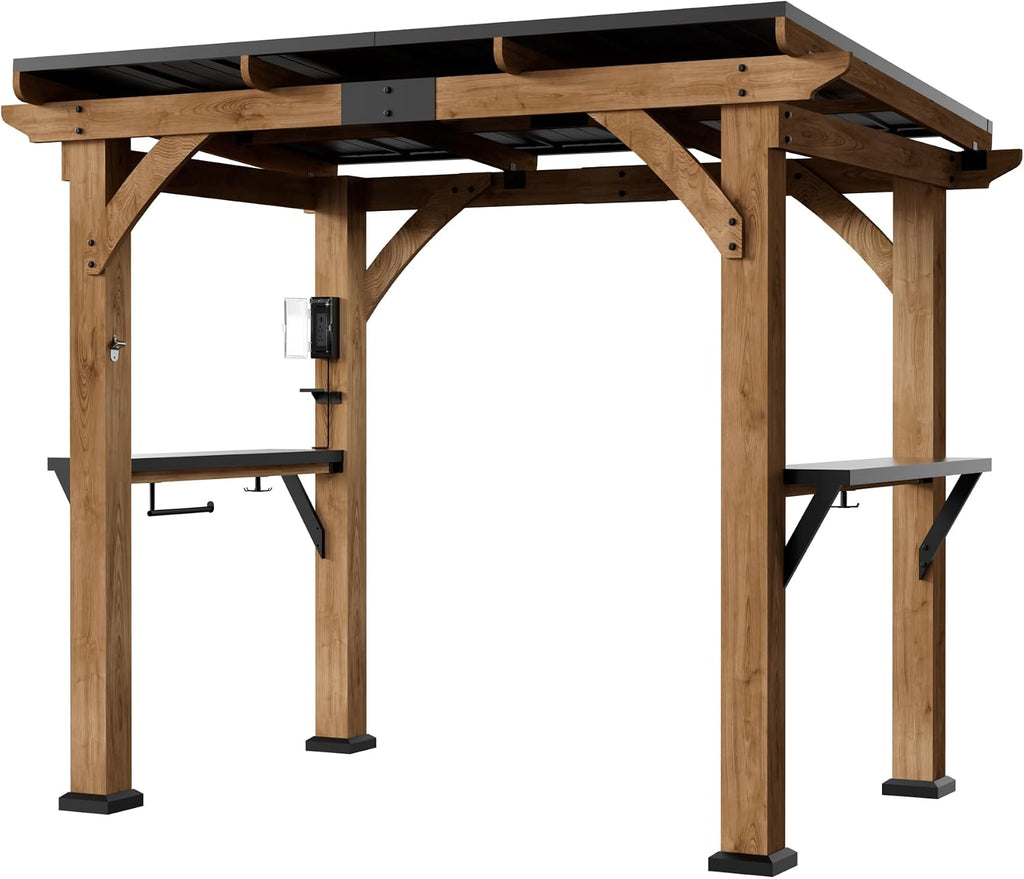 Modern Shade Cedar Wood Frame Grill Gazebo 6' x 8' with USB & USB-C Charging Ports, Galvanized Steel Roof, Side Shelves, Paper Towel Holder, and Rotatable Hooks, Ideal BBQ Gazebo for Patio