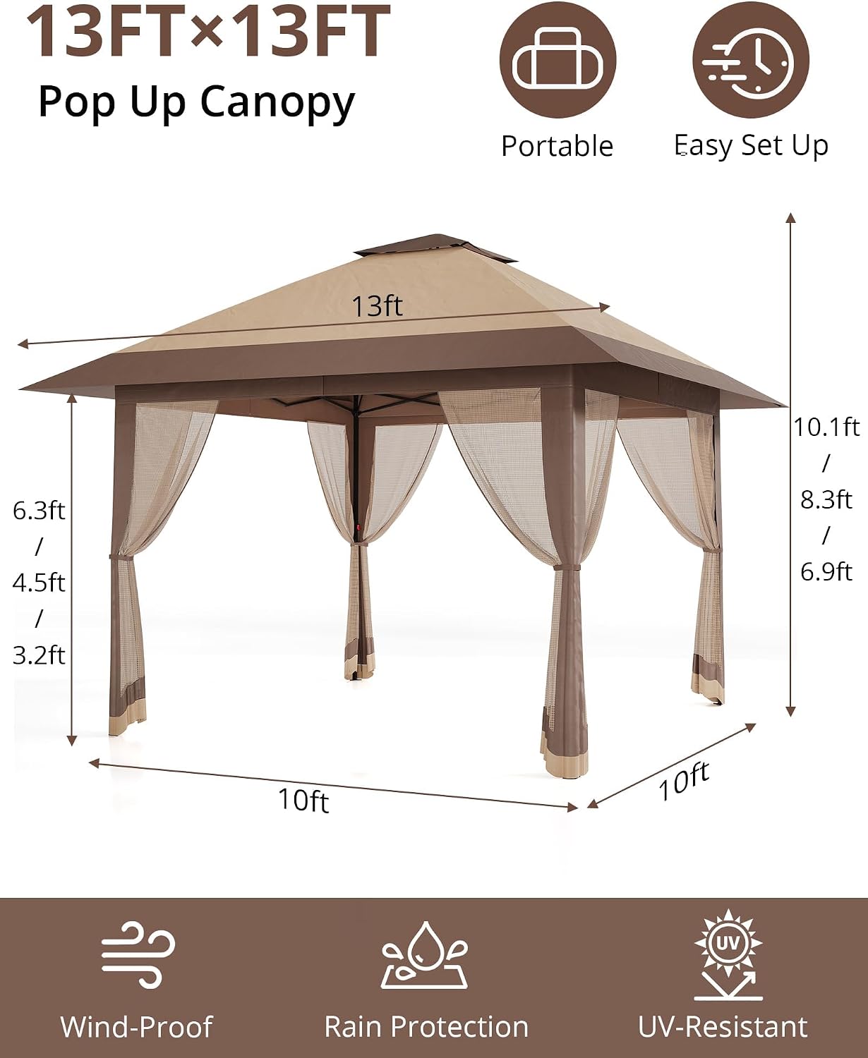 13x13ft Popup Hexagonal Gazebo with Mosquito Net, Adjustable Outdoor Hexagonal Canopy with Portable Handbag for Garden/Backyard/Patio - Gray (Khaki)