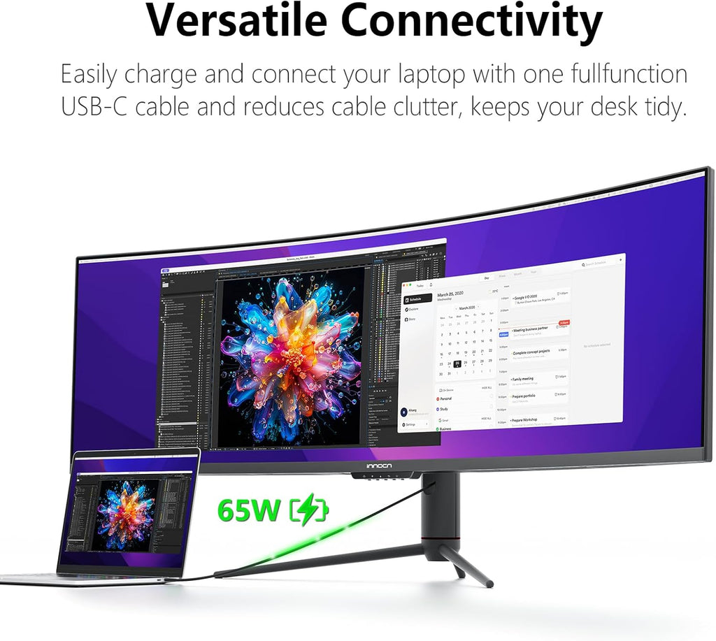 INNOCN 49' Curved Gaming Monitor 144Hz Ultrawide 32:9 WDFHD 3840 x 1080P, R1800, 99% sRGB, HDR400, USB Type C, DisplayPort, HDMI, Built-in Speakers, Height/Tilt Adjustable - 49C1G