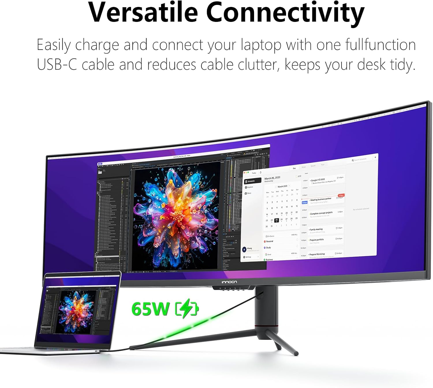 INNOCN 49' Curved Gaming Monitor 144Hz Ultrawide 32:9 WDFHD 3840 x 1080P, R1800, 99% sRGB, HDR400, USB Type C, DisplayPort, HDMI, Built-in Speakers, Height/Tilt Adjustable - 49C1G