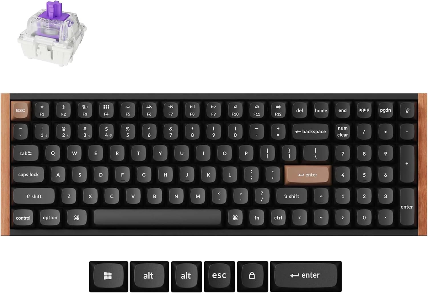 Keychron K4 HE 96% Wireless Hall Effect Keyboard with Number Pad, Rapid Trigger Magnetic Switches, QMK Launcher, 2.4GHz/Bluetooth/Wired, Mac & Windows, Wood Accent Frame, Black (Non-Shine-Through)