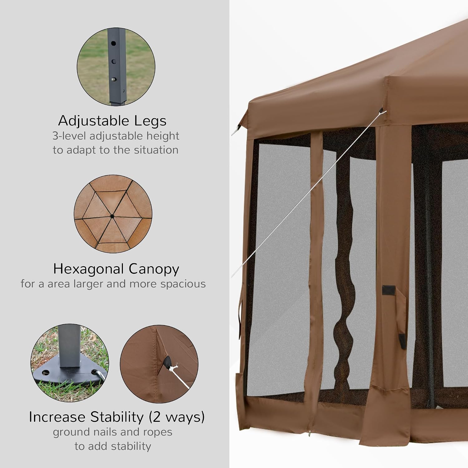 Outsunny 13' x 11' Hexagonal Pop Up Gazebo, Heavy Duty Outdoor Canopy Tent with 6 Mesh Sidewall Netting, 3-Level Adjustable Height and Strong Steel Frame, Brown