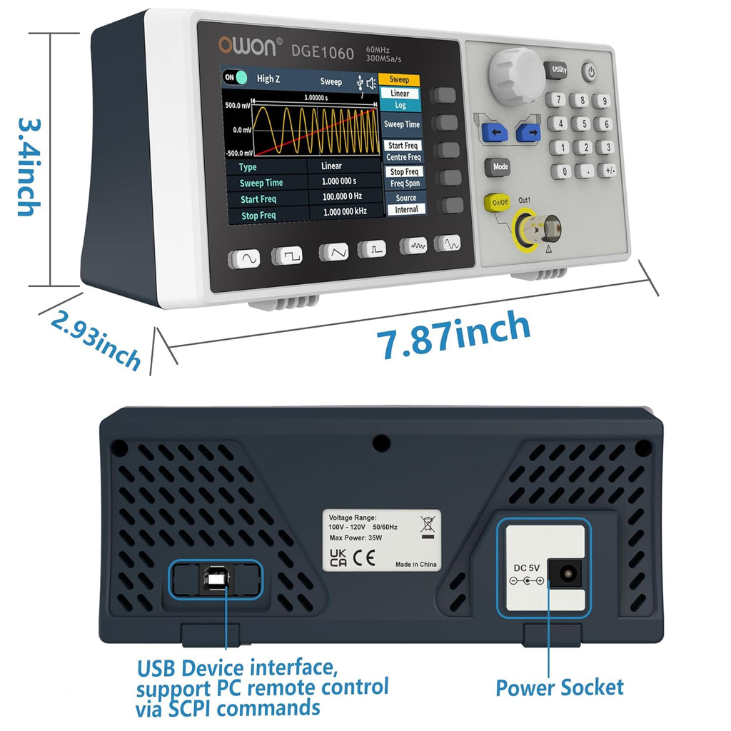 OWON Waveform Generator, 60MHz Bandwidth,300MSa/s Sampling Rate, 14 bits Vertical Resolution, 8K Waveform Length, 5 Basic Waveforms, 160 built-in Arbitrary Waveforms, with 3.6IN LCD Display DGE1060