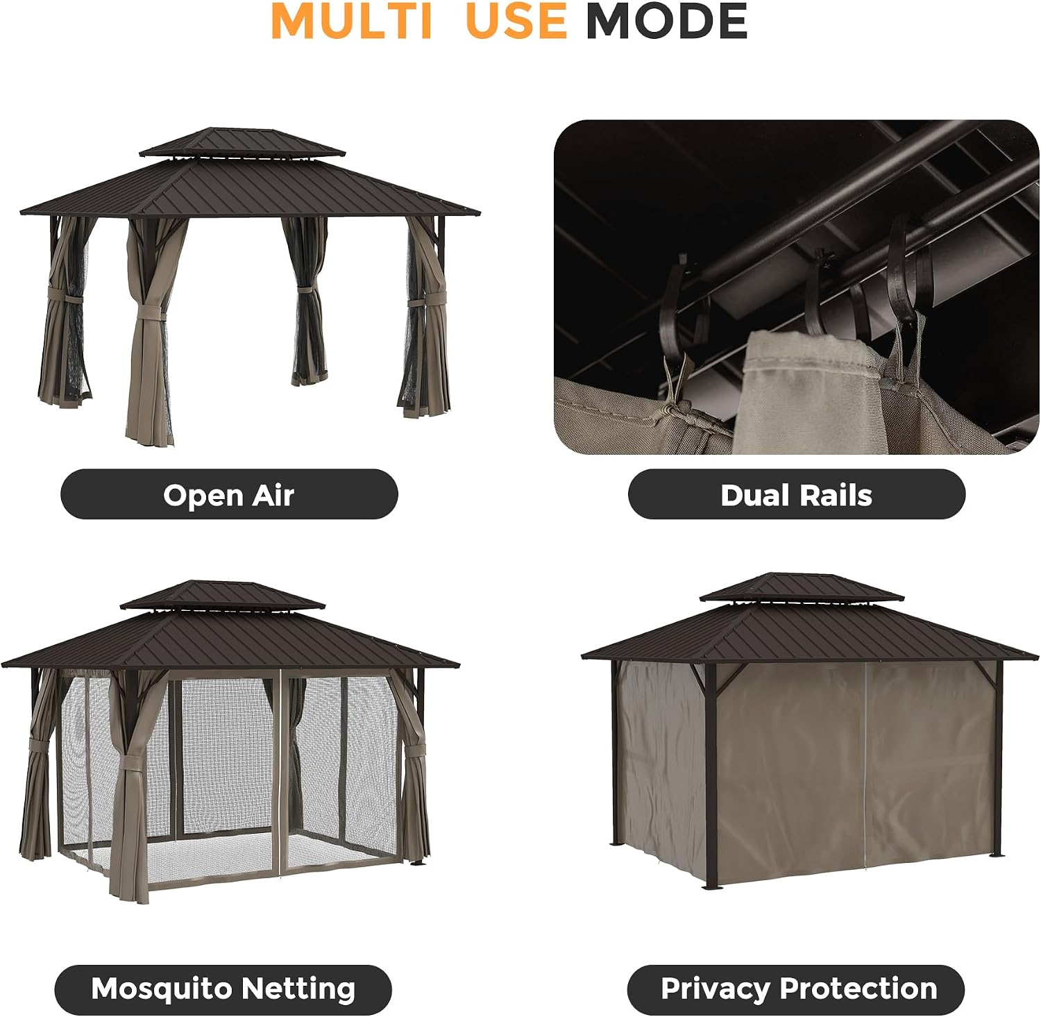 HAPPATIO 10'x12' Outdoor Gazebo with Hardtop Roof, Double Galvanized Steel Roof Canopy with Aluminum Frame, Curtains and Netting for Patio, Backyard, Deck, Lawn, Easy Assembly (Brown)
