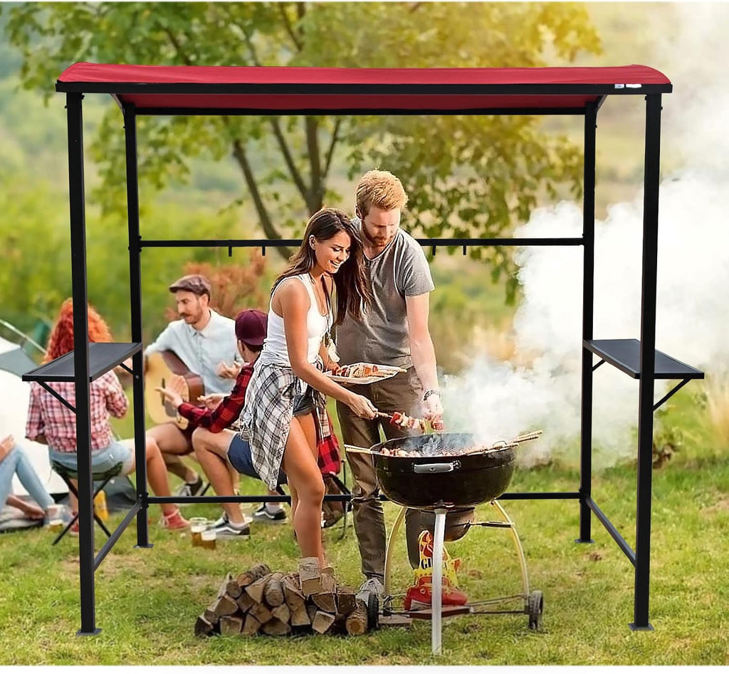 COBANA Grill Gazebo 8'by 4.6' Outdoor Patio BBQ Canopy with Single-Tier Soft Top and Metal Shelves, Red