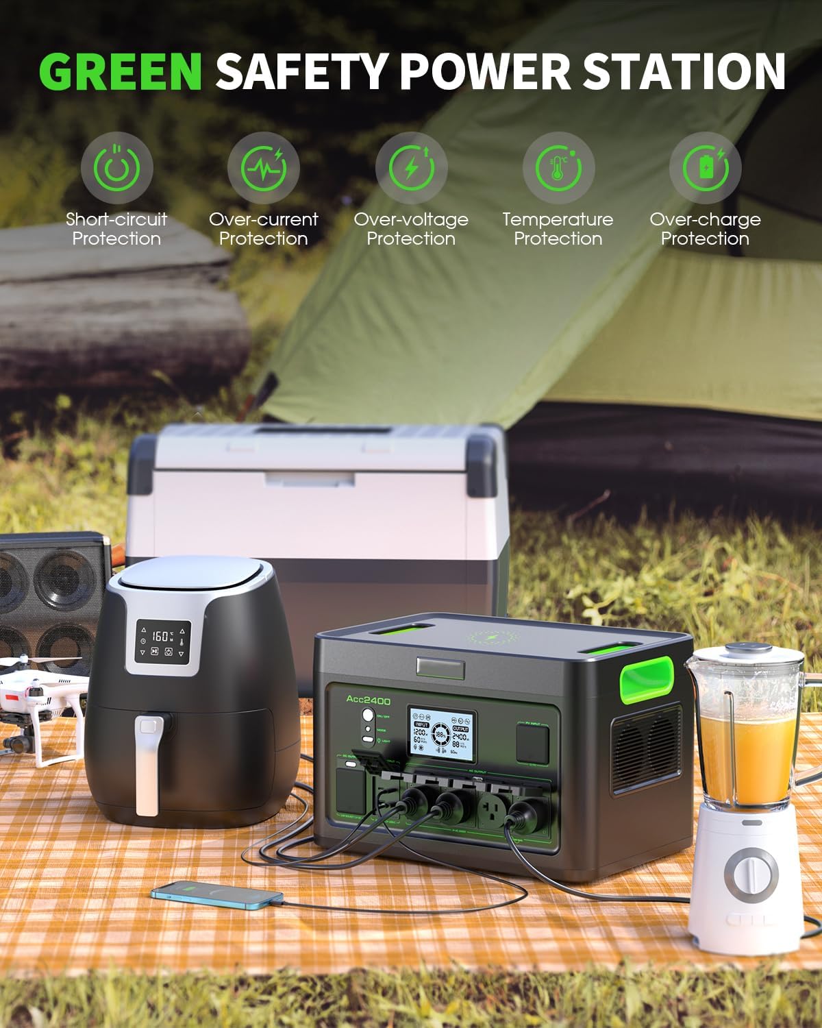Portable Power Station 2400W Solar Generator, 1843.2Wh UPS Home Battery Backup, LiFePO4 Battery Supply with 12 Outlets(2400W AC Outlets,4800W Peak), USB-C PD100W, 2Hrs Quick Charge, RV Camping