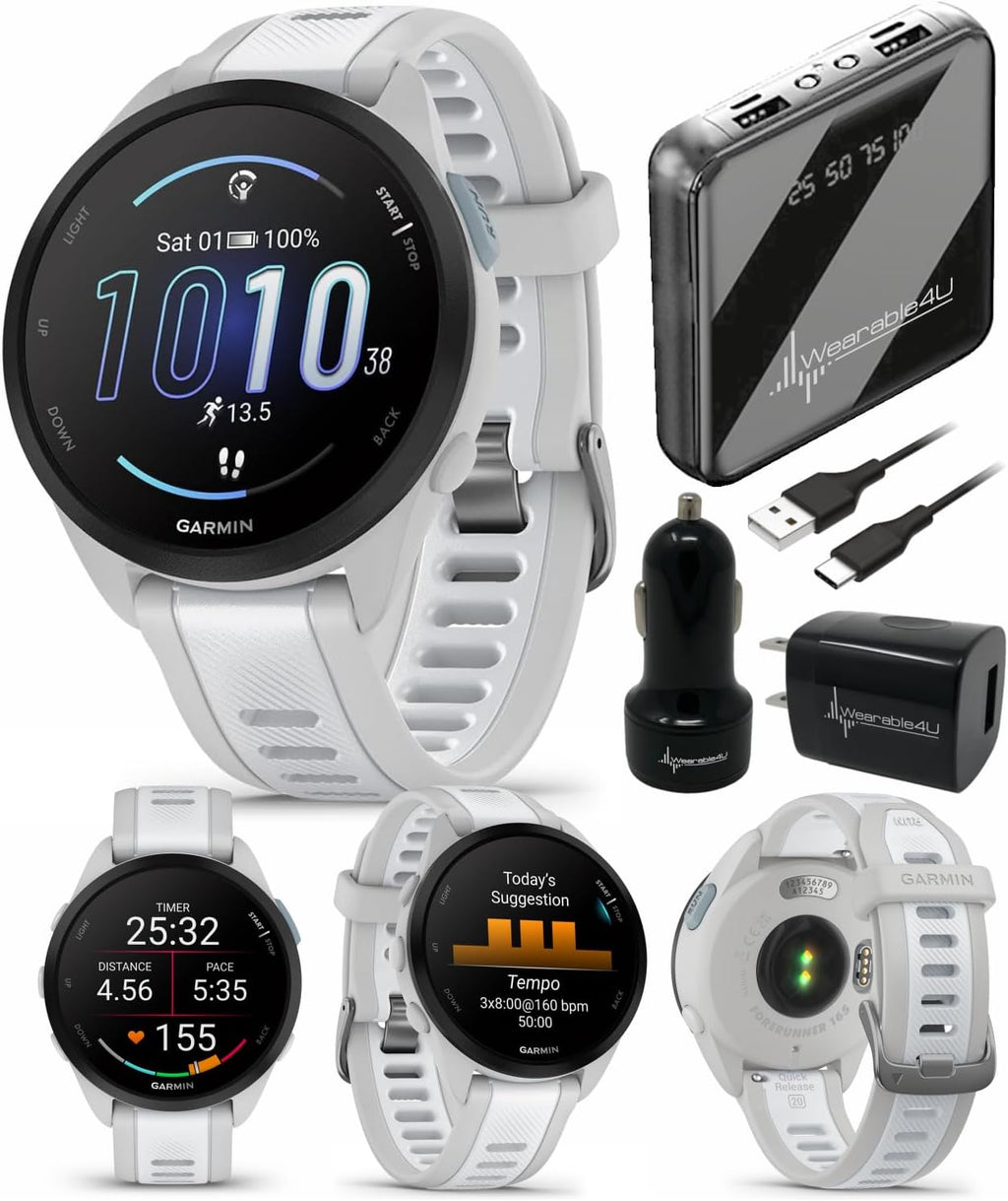 Garmin Forerunner 165 Running Smartwatch, Colorful AMOLED Touchscreen, Training Metrics and Recovery Insights Includes PowerPack and Adapters Bundle, Mist Gray/Whitestone