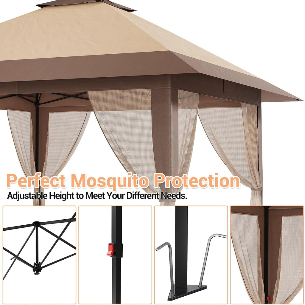 13x13ft Pop Up Gazebo, Outdoor Canopy Tent with Mosquito Netting, Heavy Duty Party Tent Shelter with Waterproof and Ultraviolet Double Roof for Backyard, Garden, Lawn and Deck (Khaki)