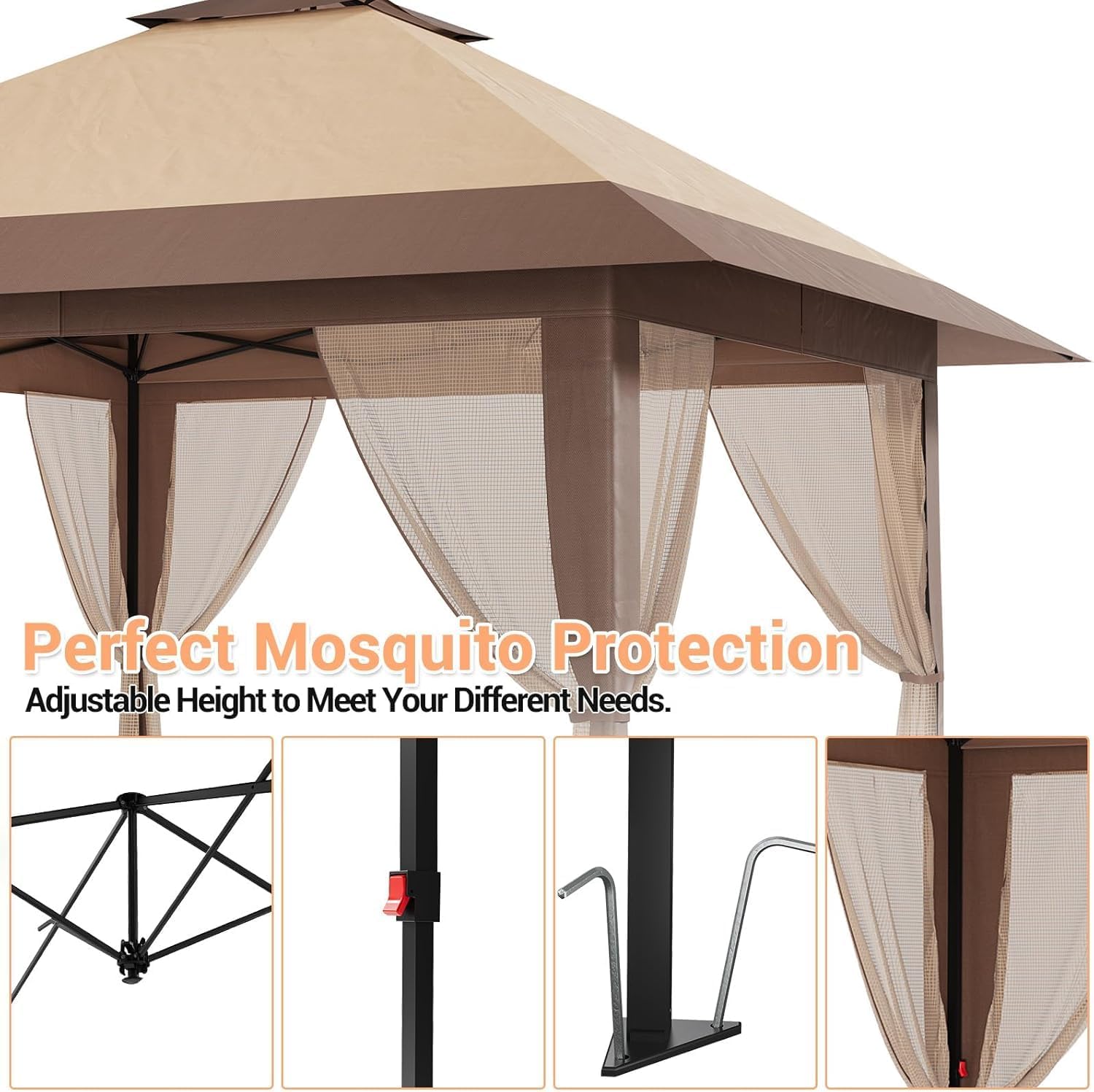 13x13ft Pop Up Gazebo, Outdoor Canopy Tent with Mosquito Netting, Heavy Duty Party Tent Shelter with Waterproof and Ultraviolet Double Roof for Backyard, Garden, Lawn and Deck (Khaki)