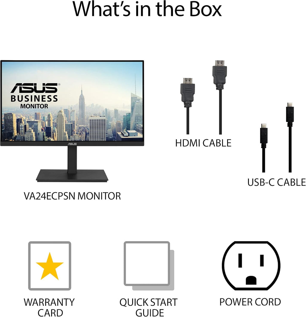 ASUS 23.8' 1080P Docking Monitor (VA24ECPSN) - Full HD, IPS, 75Hz, Adaptive-Sync, Speakers, Eye Care, Low Blue Light, Flicker Free, USB-C, RJ45, HDMI, Frameless, Height Adjustment, VESA Wall Mountable