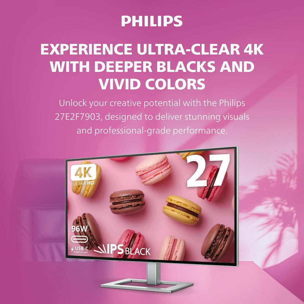 Philips Brilliance 27E2F7903 27' 4K UHD IPS Black Display, Thunderbolt, PD 96W, Height Adjustable, Daisy Chain, Built in Speakers, MacBook/PC Compatible, 4-Year Advance Replacement
