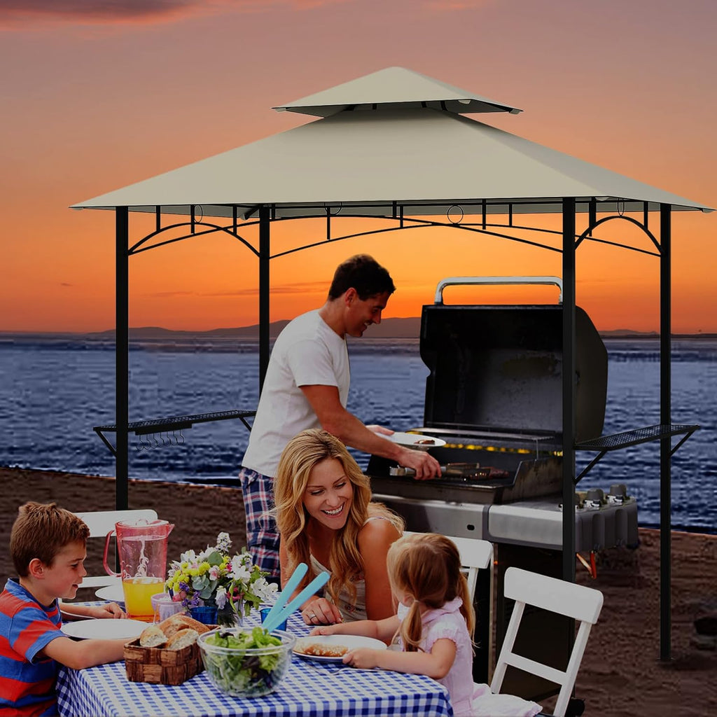 Tangkula 8x5 Ft Grill Gazebo, 2-Tier Barbecue Gazebo with 2 Shelves, 7 Hooks, Metal Frame, Outdoor Grill Canopy for Backyard Garden Poolside (Beige)