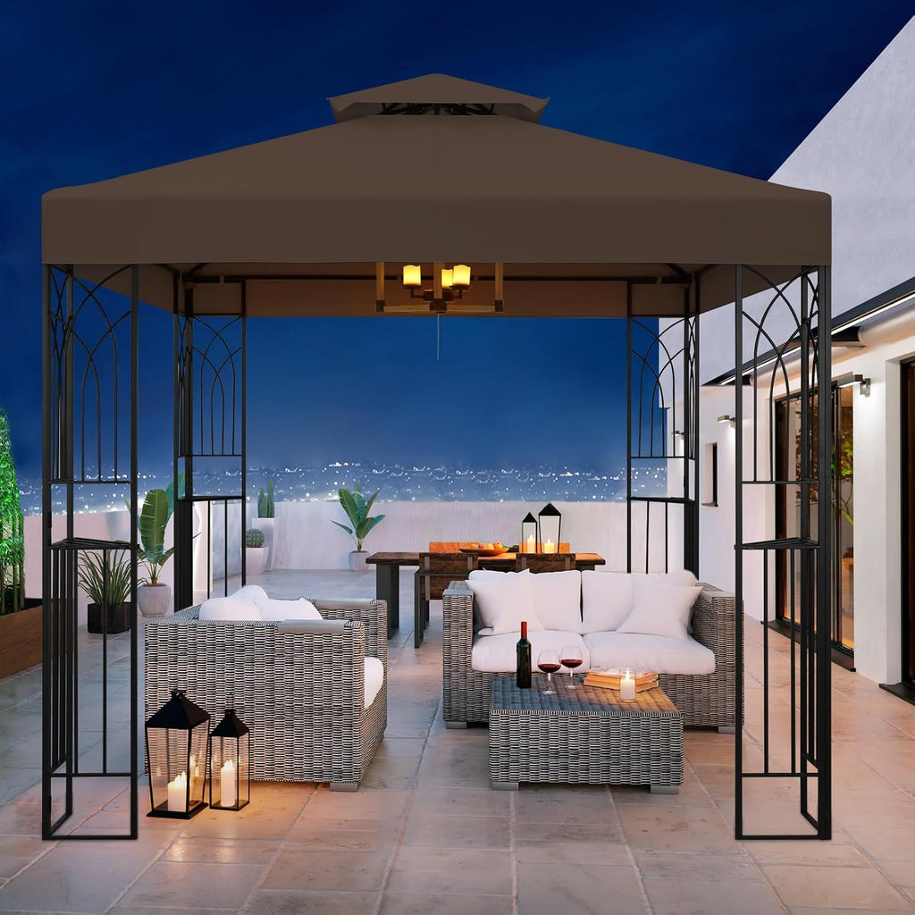 COOS BAY 8x8 Patio Gazebo with Corner Shelves, Two Tier Soft Top Canopy with UV Protection for Backyard, Garden, Lawn, Outdoor Events, Brown