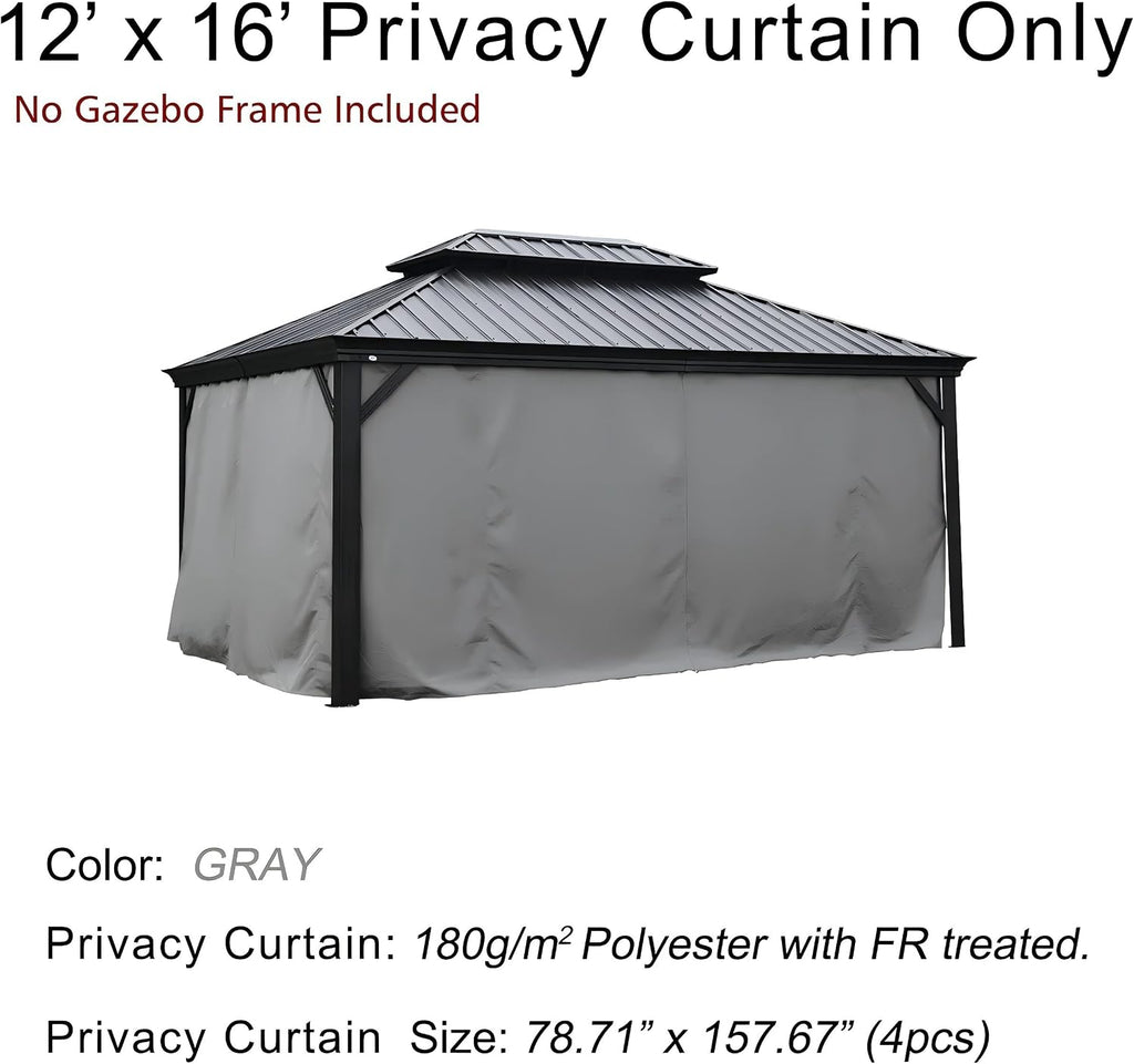 Kozyard 12' x 16'Outdoor Gazebo Privacy Curtain Sidewall, Waterproof Patio Privacy Curtain with Center-Zip Design, Replacement for Hardtop Gazebo Gray