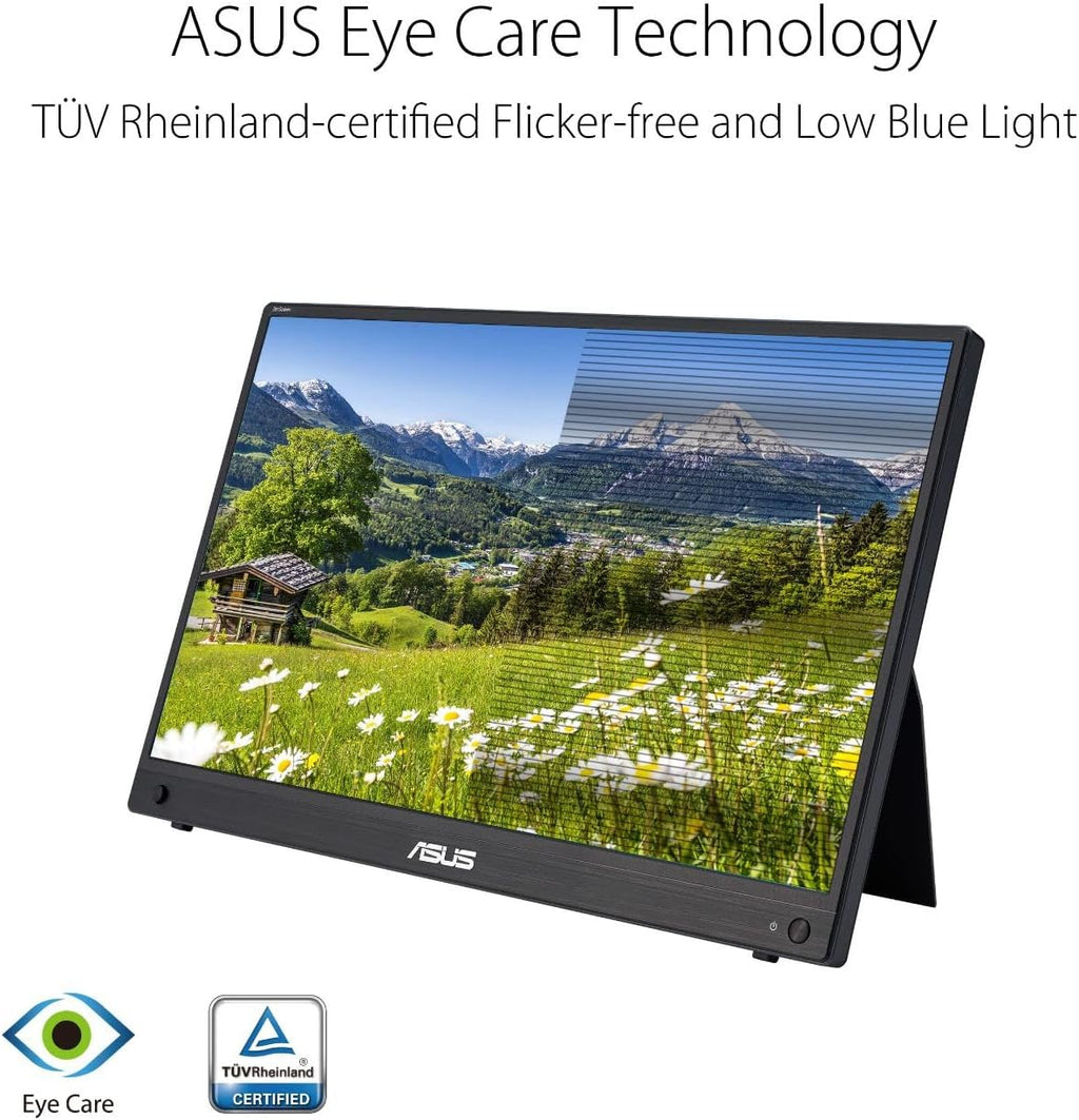 ASUS ZenScreen 15.6' 1080P Portable USB-C Monitor (MB16AHG) - Full HD, IPS, 144Hz, Mini-HDMI, Freesync Premium™, Ergo Kickstand, Eye Care, Blue Light Filter, Tripod Mountable, Protective Sleeve