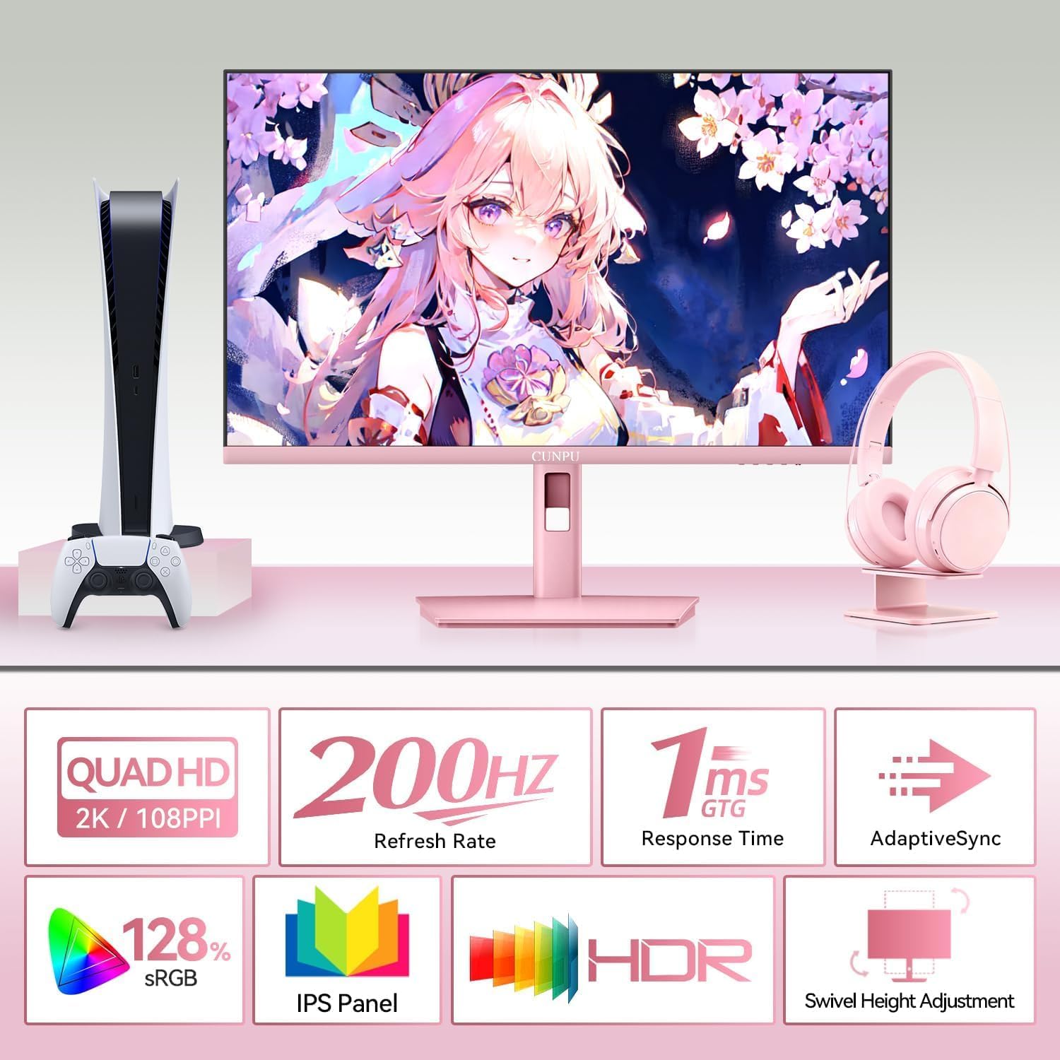 CUNPU 27 Inch Pastel Pink Gaming Monitor QHD 2560x1440 180/200Hz 1ms GTG Fast IPS Computer Monitor, 90% DCI-P3, Adaptive Sync, Built in Speaker, Height/Swivel/Tilt/Pivot Adjustable Stand, HDMI,DP
