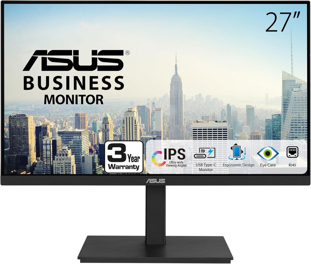 ASUS 27' 1080P Docking Monitor (VA27ECPSN) – Full HD, IPS, 75Hz, Adaptive-Sync, Speakers, Eye Care, Low Blue Light, Flicker Free, RJ45, USB-C, DisplayPort, HDMI, Height Adjustment, VESA Wall Mountable