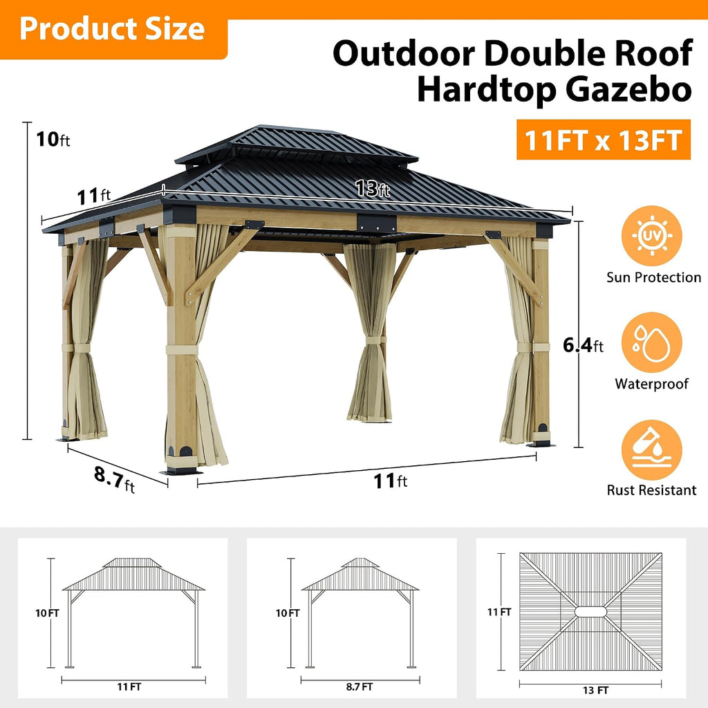 11x13FT Wood Gazebo, Outdoor Wooden Gazebo with Galvanized Steel Double Roof, Hardtop Gazebos for Garden, Patio, Deck, Backyard (w/Beige Curtain &Netting)