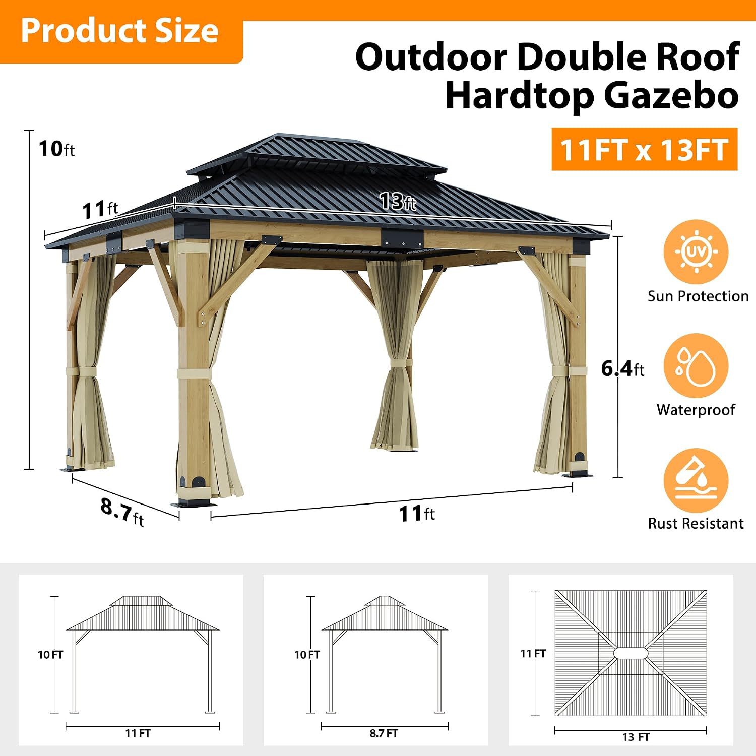 11x13FT Wood Gazebo, Outdoor Wooden Gazebo with Galvanized Steel Double Roof, Hardtop Gazebos for Garden, Patio, Deck, Backyard (w/Beige Curtain &Netting)