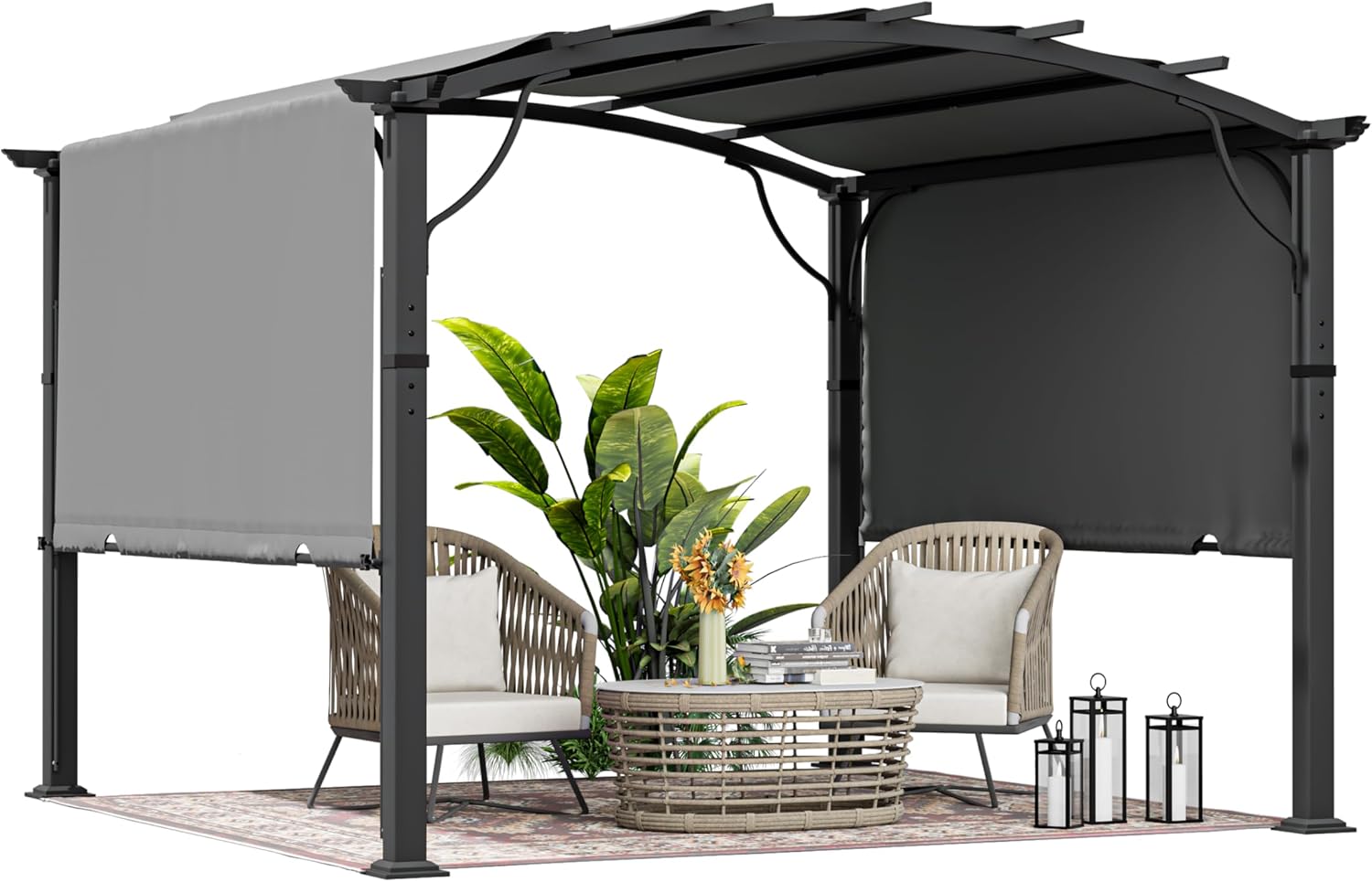HAPPATIO 10' x10' Outdoor Retractable Pergola, Arched Patio Pergola with Sun Shade Canopy, Aluminum Frame with Canopy Fixed in Various Positions, All- Weather for Backyards, Gardens, Patios (Grey)