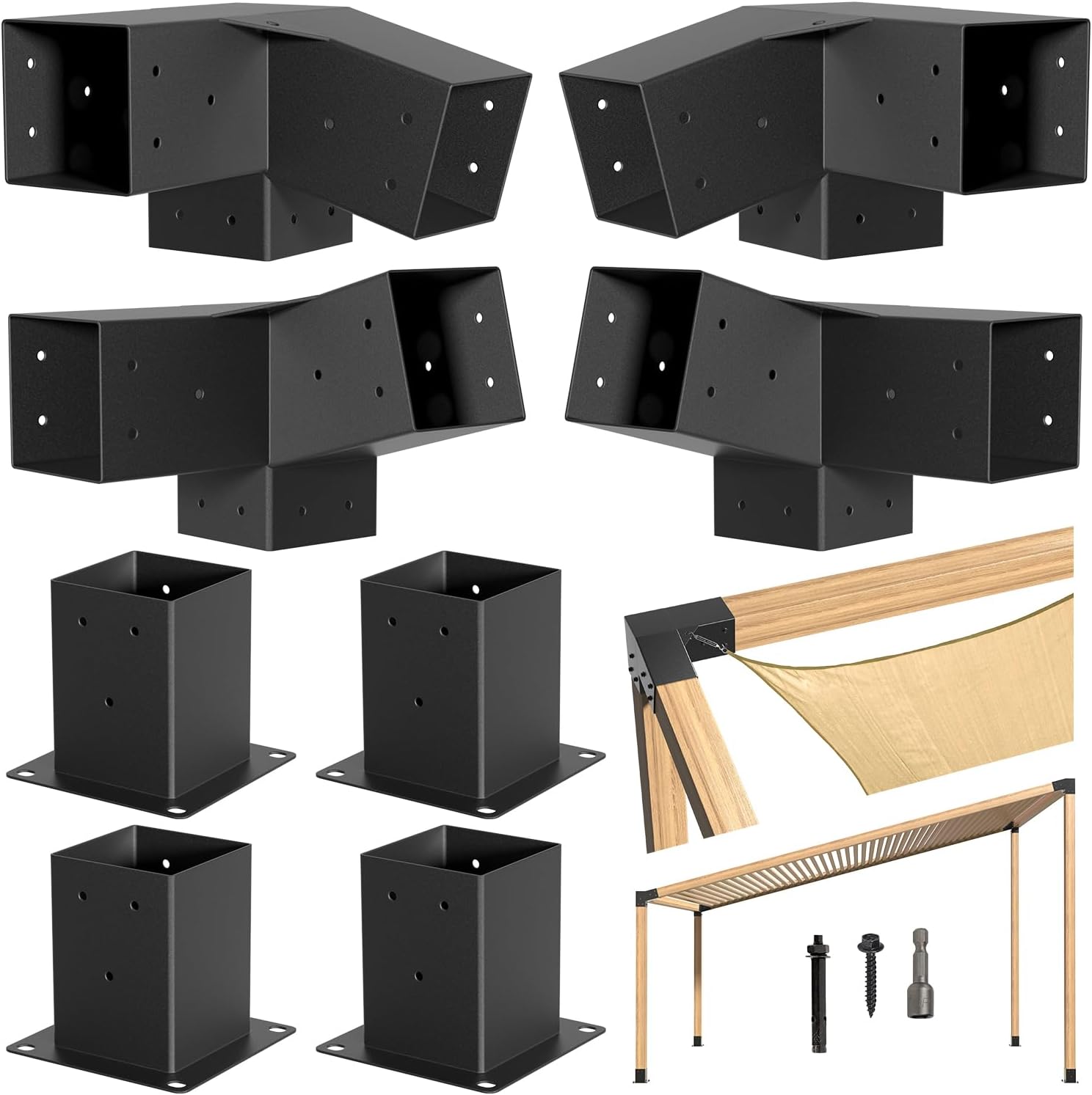 15° Pergola Bracket, 75° Corner 3-Way Pergola Right Angle Bracket with Post Base, Raised Wood Bracket for 4'x4' (Inner Dimensions: 3.5'x3.5') Wooden Beam, Pergola, Garden, Gazebo,... (Set 8)