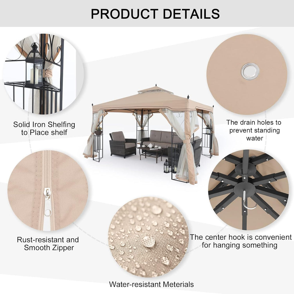 MASTERCANOPY Patio Gazebo with Netting Screen Walls for Lawn, Garden, Backyard and Deck Gray (10x10,Beige)