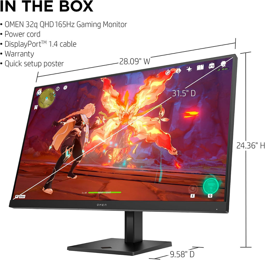 HP OMEN 32q QHD 165Hz Gaming Monitor, QHD Display (2560 x 1440), IPS Panel, 99% sRGB, 95% DCI-P3, 16:9, AMD FreeSync Premium Technology, 32q (2023)