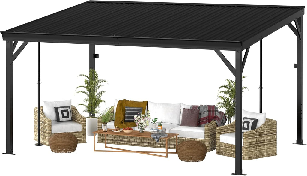Yardenaler 10x14 FT Hardtop Wall-Mounted Gazebo, Lean to Gazebo with Sloped Aluminum Roof, Outdoor Pergola Canopy with Triangle Structure & Adjustable Support Posts for Patio, Deck, Yard, Black