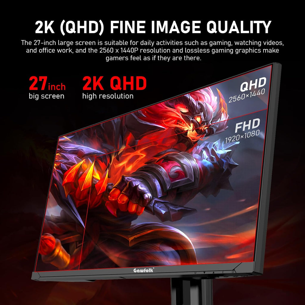 Gawfolk 27 inch 2K QHD(2560×1440) PC Screen, 180Hz Gaming Monitor, 1ms Without Bezel, FreeSync,100% sRGB, 178° Wide Viewing Angle, HDMI2.0、DisplayPort, 75 * 75MM Wall Mount Compatible - Black