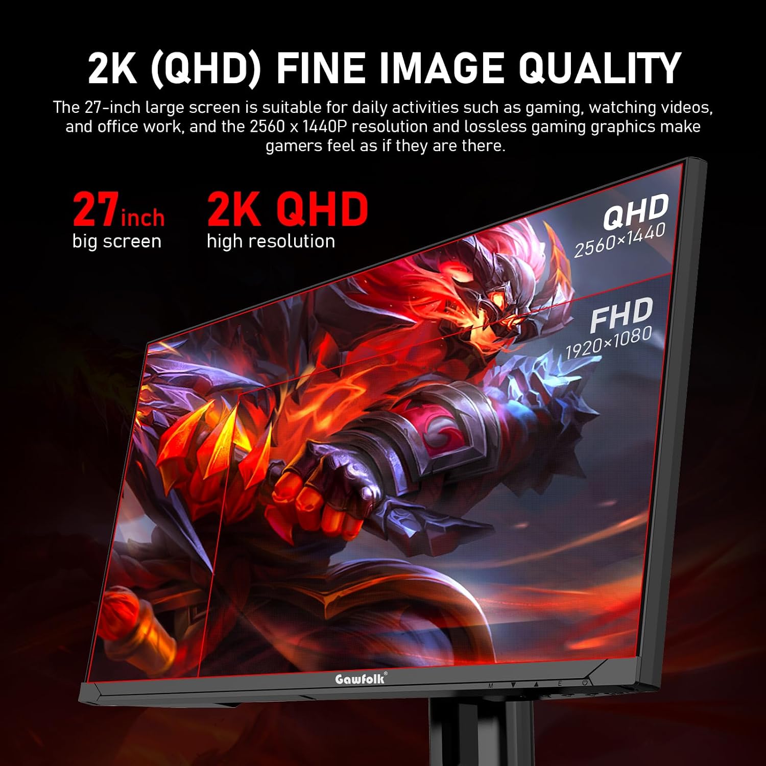 Gawfolk 27 inch 2K QHD(2560×1440) PC Screen, 180Hz Gaming Monitor, 1ms Without Bezel, FreeSync,100% sRGB, 178° Wide Viewing Angle, HDMI2.0、DisplayPort, 75 * 75MM Wall Mount Compatible - Black