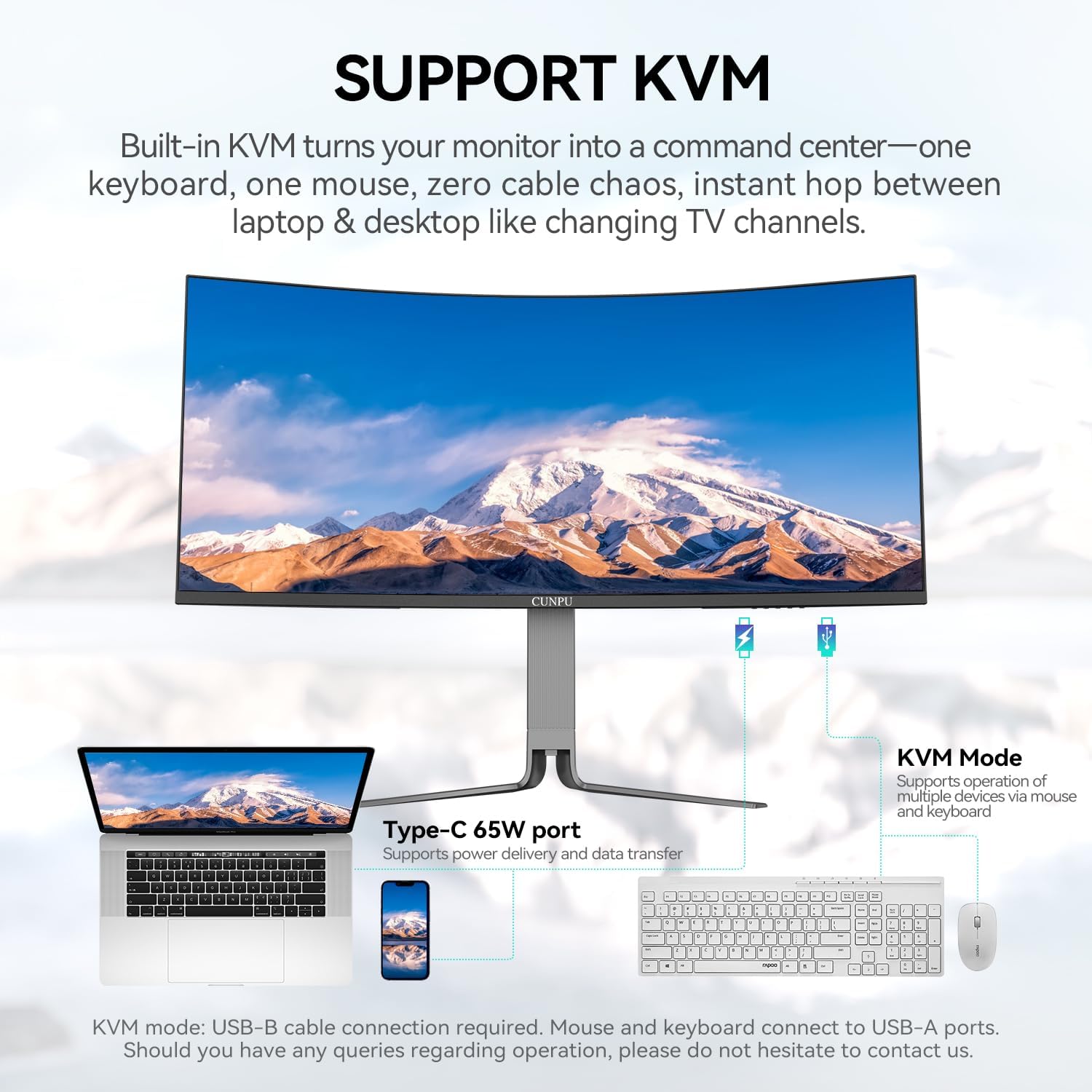 CUNPU 34 Inch Ultrawide Productivity Curved Monitor, 65W USB-C & KVM, 3440x1440 WQHD 165Hz 21:9 R1000 Display, 100% sRGB for Work and Gaming, 4000:1, Height Adjustable, PIP/PBP, HDMI, DisplayPort