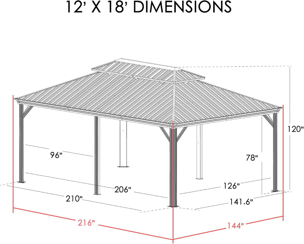 Kozyard Alexander 12' x 18' Hardtop Gazebo, Aluminum Frame with Galvanized Steel Double Roof, Outdoor Permanent Pavilion with Curtains and Netting for Patio, Backyard, Deck, Lawn(Brown)