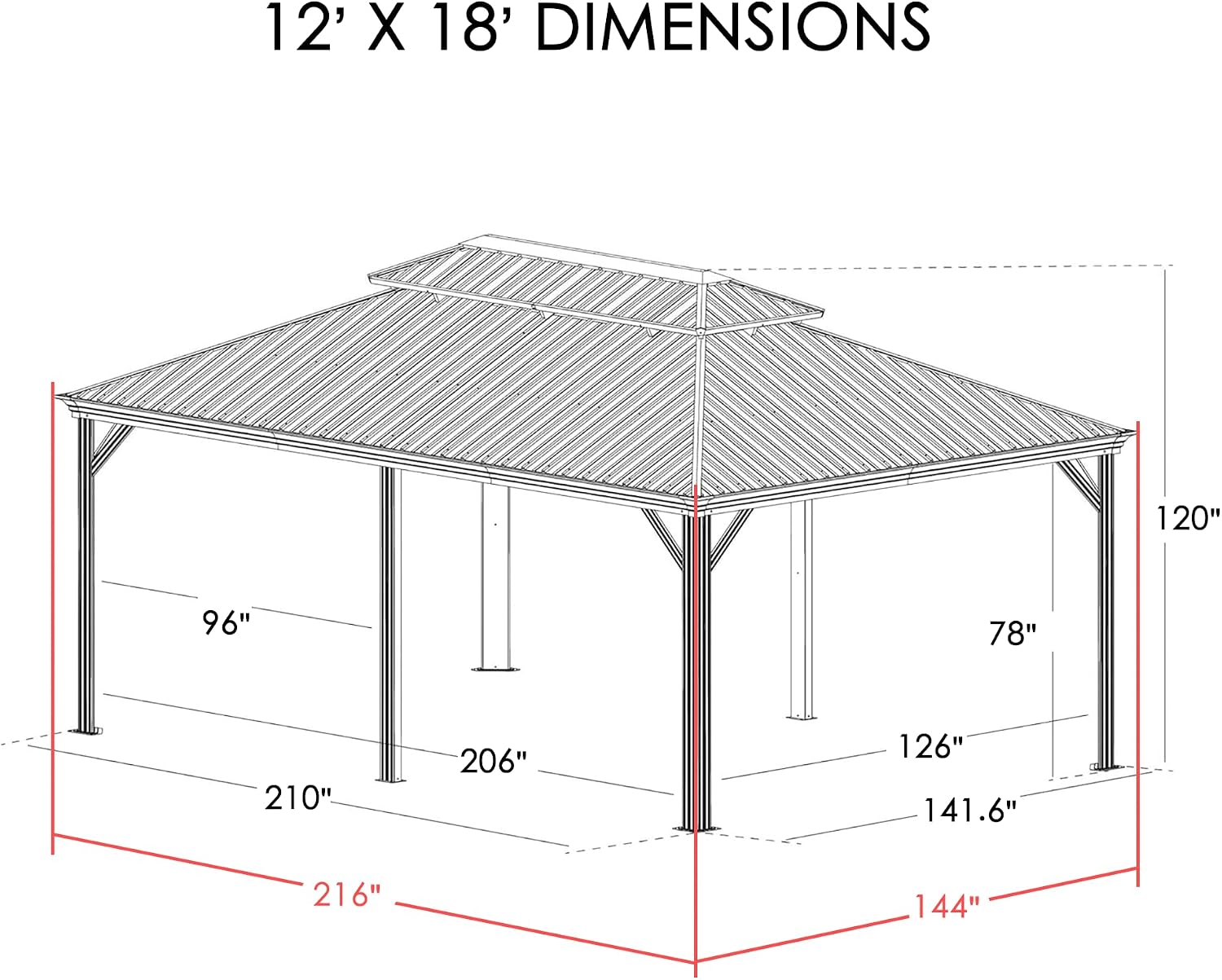 Kozyard Alexander 12' x 18' Hardtop Gazebo, Aluminum Frame with Galvanized Steel Double Roof, Outdoor Permanent Pavilion with Curtains and Netting for Patio, Backyard, Deck, Lawn(Brown)