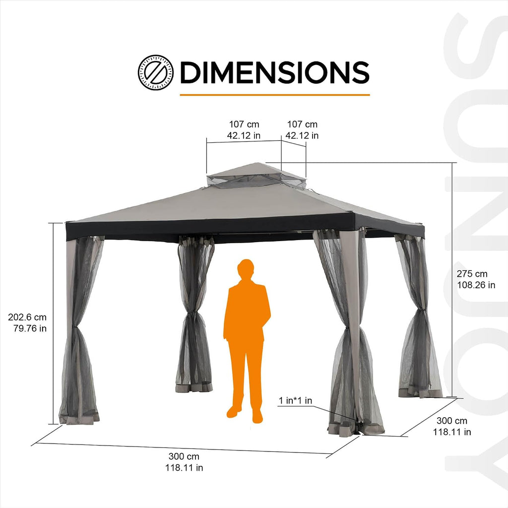 Sunjoy 10 x 10 ft. Soft Top Gazebo, Outdoor Patio Backyard Modern Grey 2-Tier Steel Frame Gazebo with Mesh Netting
