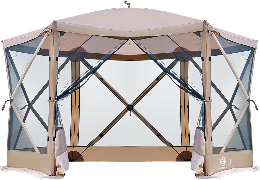 EVER ADVANCED Pop Up Gazebo Screen House Tent for Camping 11.5 ft for 8-10 Person Instant Canopy Shelter with Netting Portable for Outdoor, Backyard, Brown