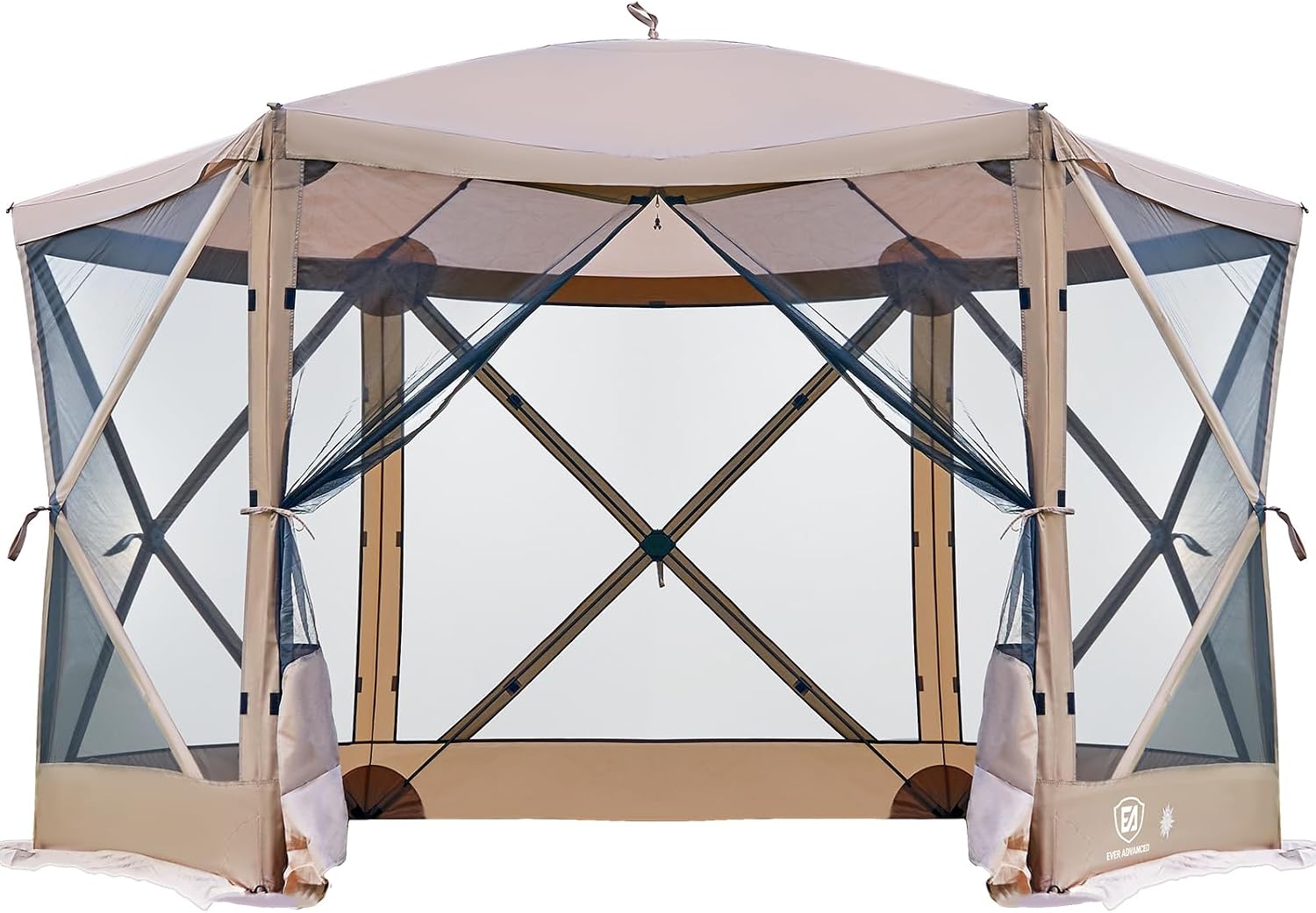 EVER ADVANCED Pop Up Gazebo Screen House Tent for Camping 11.5 ft for 8-10 Person Instant Canopy Shelter with Netting Portable for Outdoor, Backyard, Brown