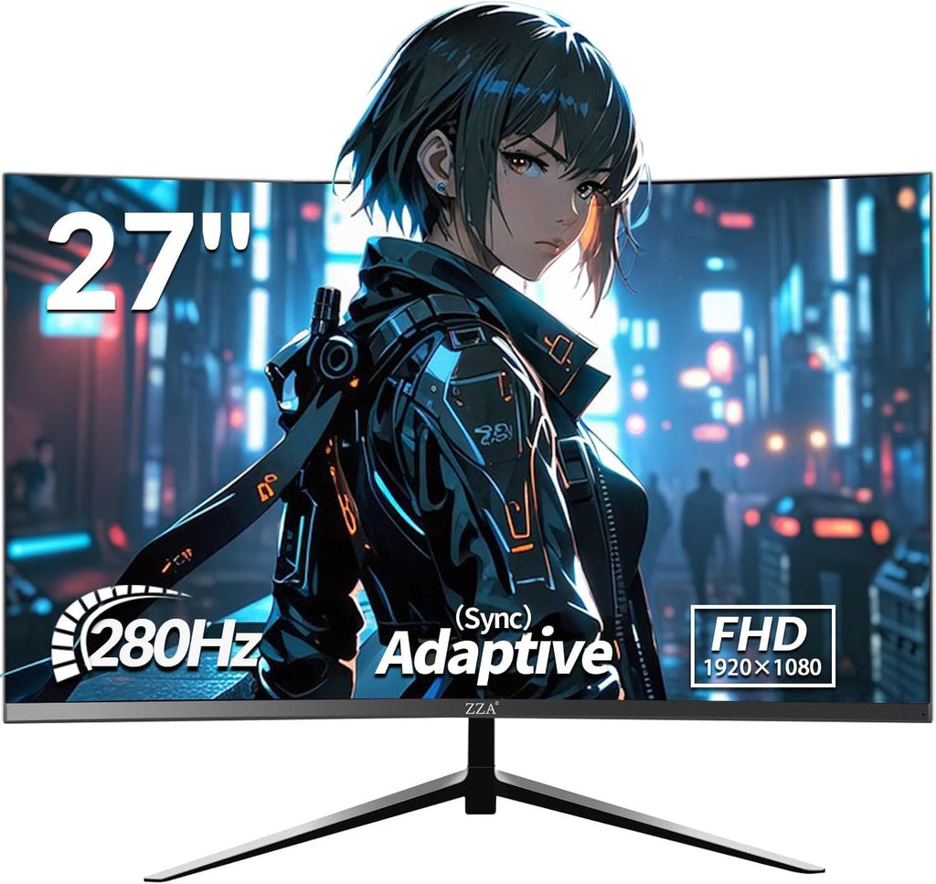ZZA 27'' 280Hz 240Hz Gaming Monitor, Curved Monitor 1800R VA FHD 1080P 1ms, AMD FreeSync Premium, HDR Ready,120% sRGB, HDMI DP, VESA Mountable, Low Motion Blur, Flicker-Free & Low Blue Light