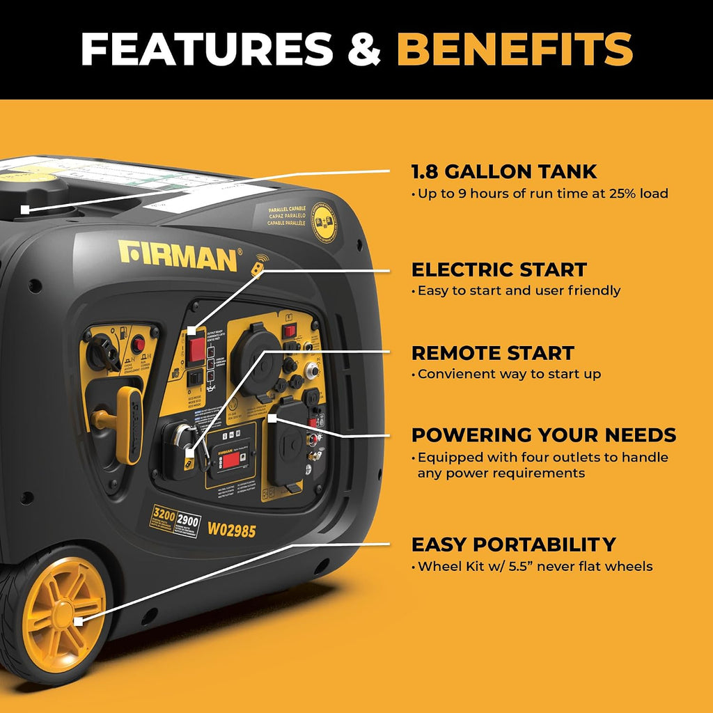 FIRMAN W02985 Inverter Portable Generator 3200W Remote Start, RV Ready Quiet Gas Power Station, Portable Outdoor Generator for Camping, Tailgating, Home Backup, Emergency Use