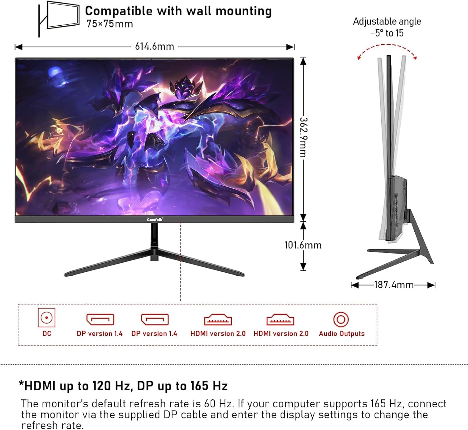 Gawfolk 27 inch 2K QHD(2560×1440) PC Screen, 165Hz Gaming Monitor, 1ms Without Bezel, FreeSync,98% sRGB, 178° Wide Viewing Angle,Display 1.4、Port HDMI2.0, Wall Mount Compatible 75 * 75MM- Black