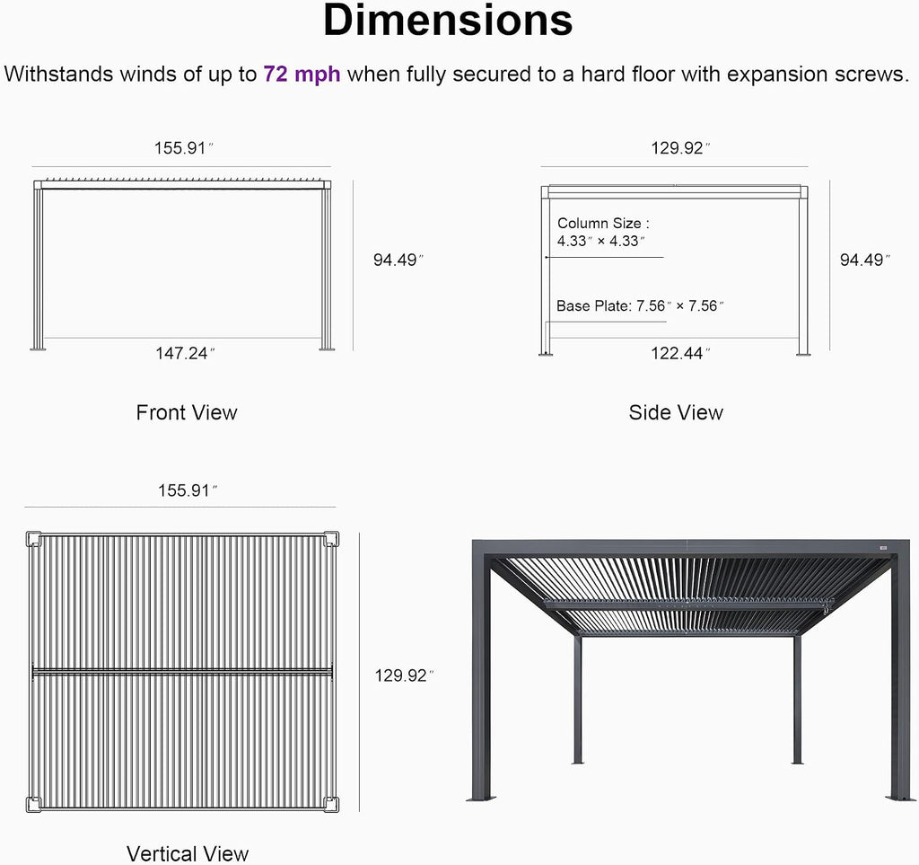 PURPLE LEAF Louvered Pergola 94AS 11' x 13' Outdoor Aluminum Pergola with Fixed Shutter Wall Adjustable Roof for Deck Backyard Grey Hardtop Gazebo, 1 Long Side
