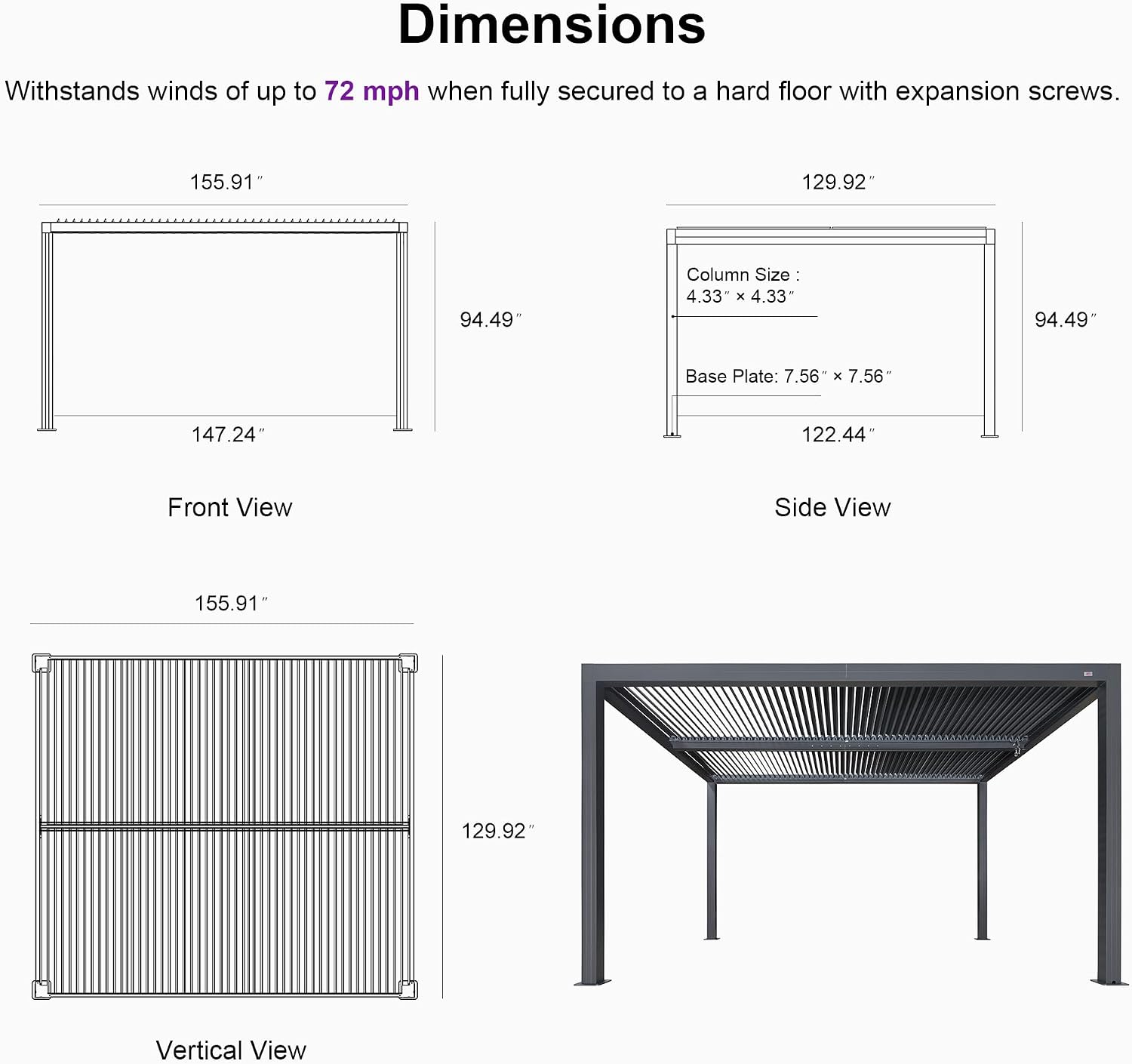 PURPLE LEAF Louvered Pergola 94AS 11' x 13' Outdoor Aluminum Pergola with Fixed Shutter Wall Adjustable Roof for Deck Backyard Grey Hardtop Gazebo, 1 Long Side