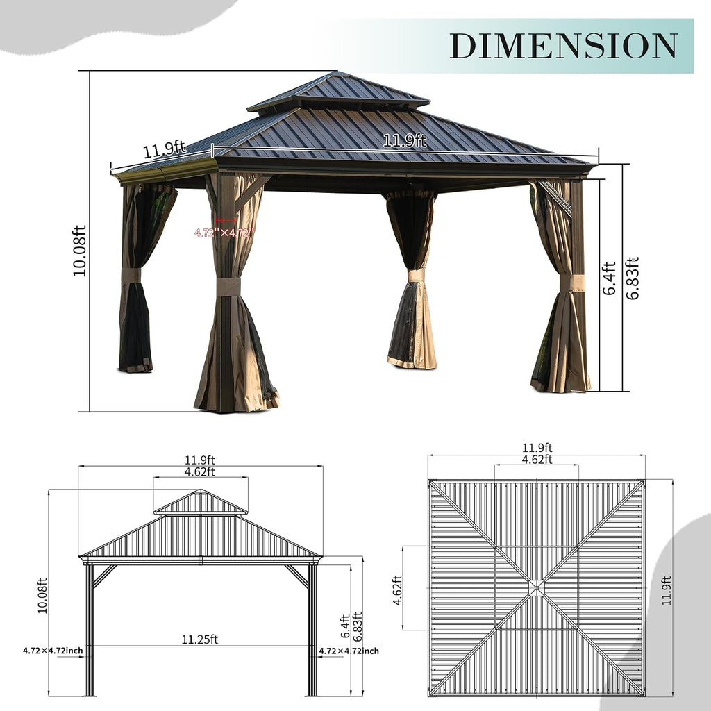 Domi 12x12 Outdoor Gazebo, Hardtop Gazebo with Aluminum Frame, Heavy Duty Pavilion Gazebo for Patio Deck Backyard, Curtain and Netting Included, Dark Brown