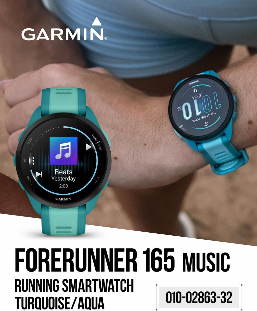 Garmin Forerunner 165 Music Running Smartwatch, Colorful AMOLED Touchscreen, Training Metrics and Recovery Insights Includes PowerPack and Adapters Bundle, Turquoise/Aqua