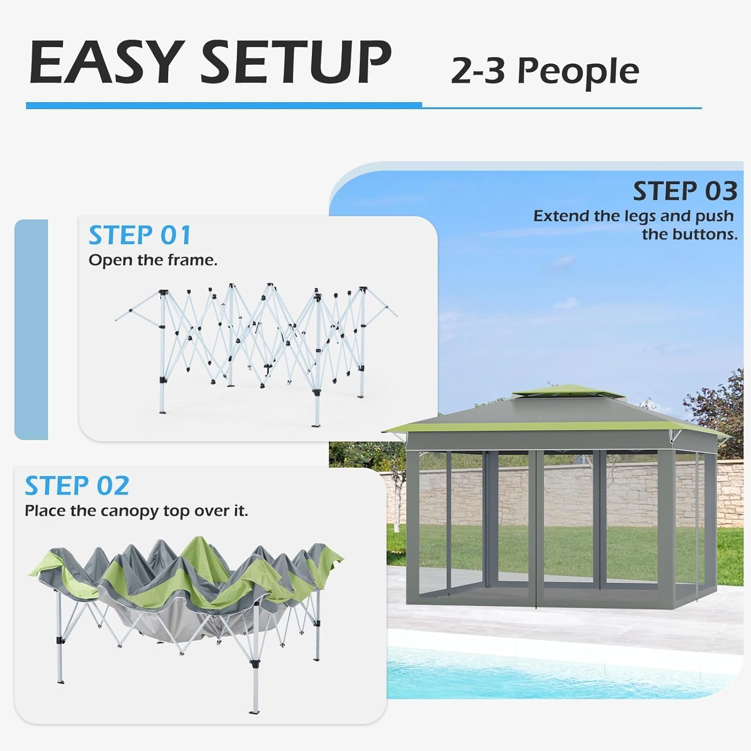 ECOTOUGE 11x11 FT Pop Up Canopy Tent with Mosquito Nettings, Patio Party Instant Shelte Gazebo w/Carrying Roller Bag Waterproof and UV Resistant for Outdoor Garden, Grill and Backyard, Grey-Green