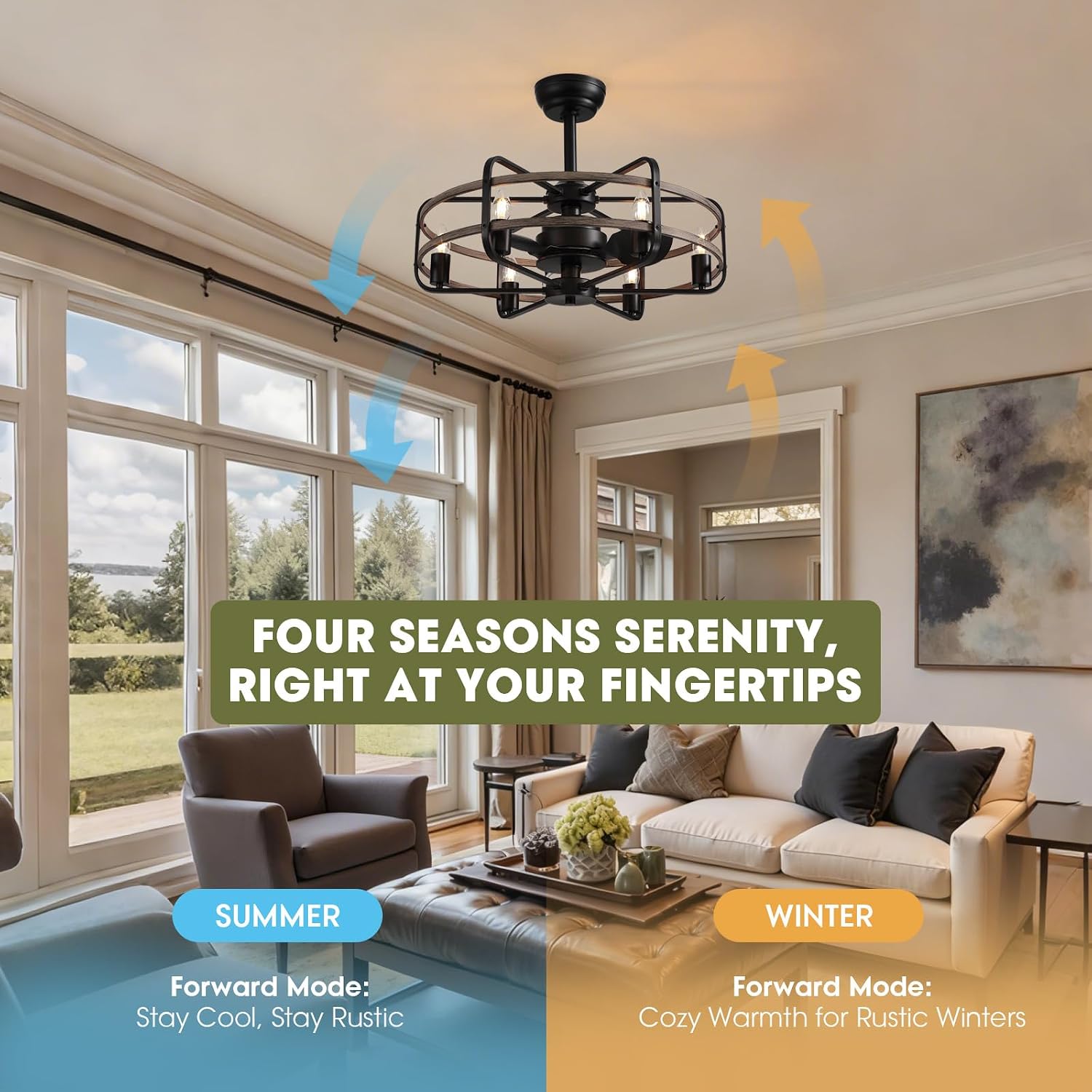 Industrial Caged Ceiling Fan with Lights, 25' Farmhouse Fandelier with Remote Control, 6-Speed Quiet Reversible Motor, E26 Base, Rustic Black and Wood Finish, No Bulbs Included