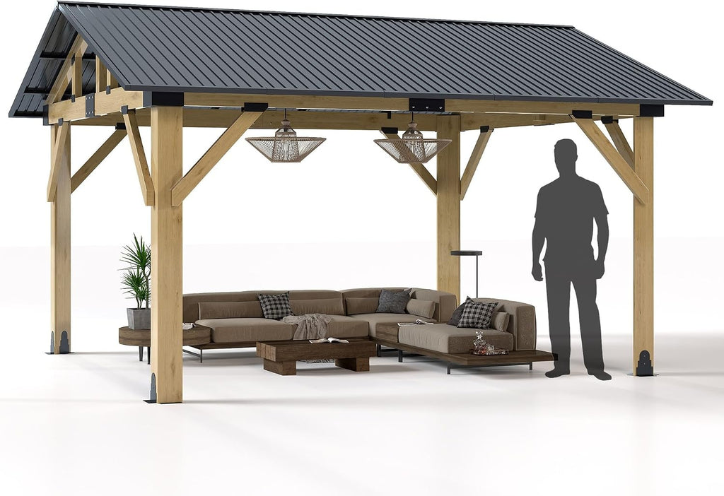 Wood Gazebo 13'x15', Cedar Wooden Gazebos, Outdoor Hardtop Gazebo with Waterproof Steel Roof, Fit Patio, Backyard, Garden, Lawns, Porch