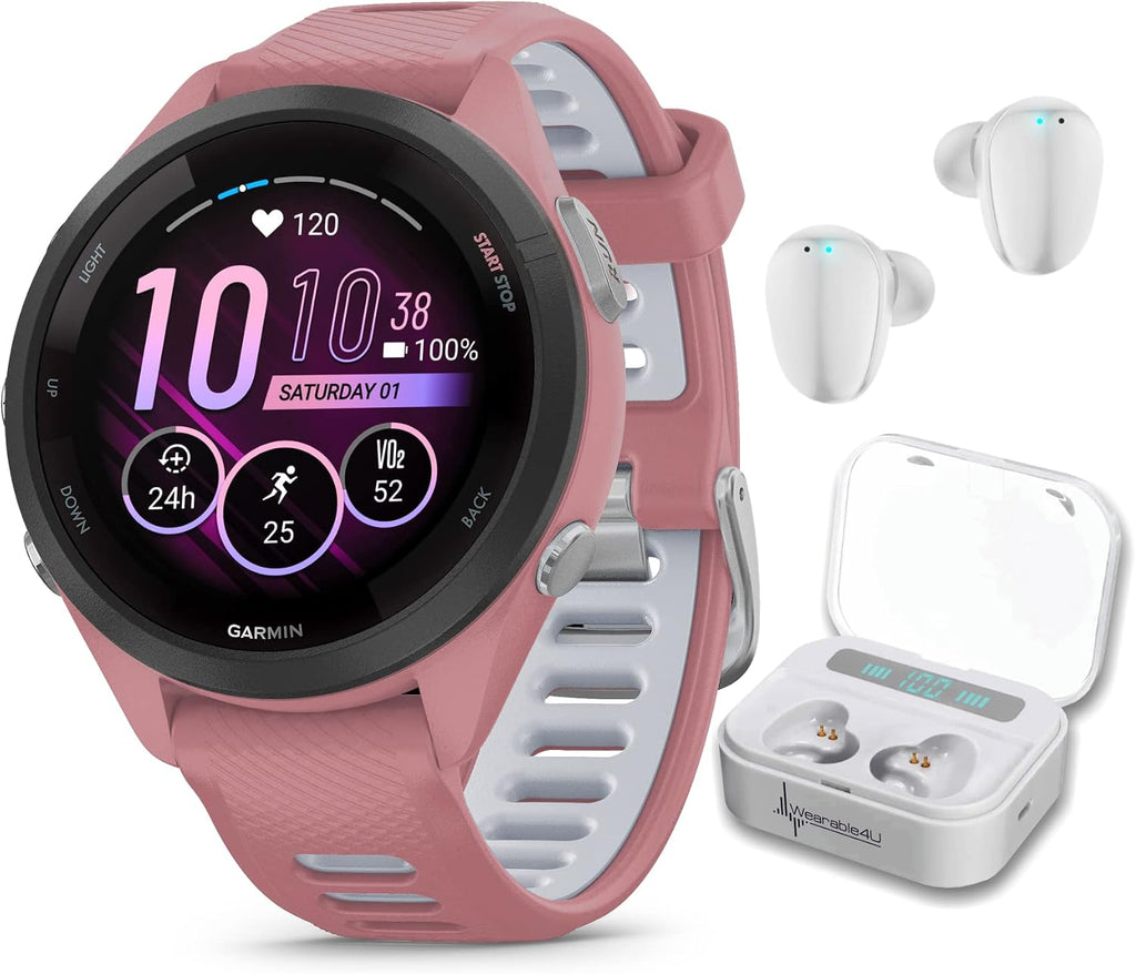 Garmin Forerunner 265S Music GPS Running 42 mm Smartwatch, Pink with AMOLED 1.1in Touchscreen Display White Earbuds Bundle, Pink +Wht EarBuds