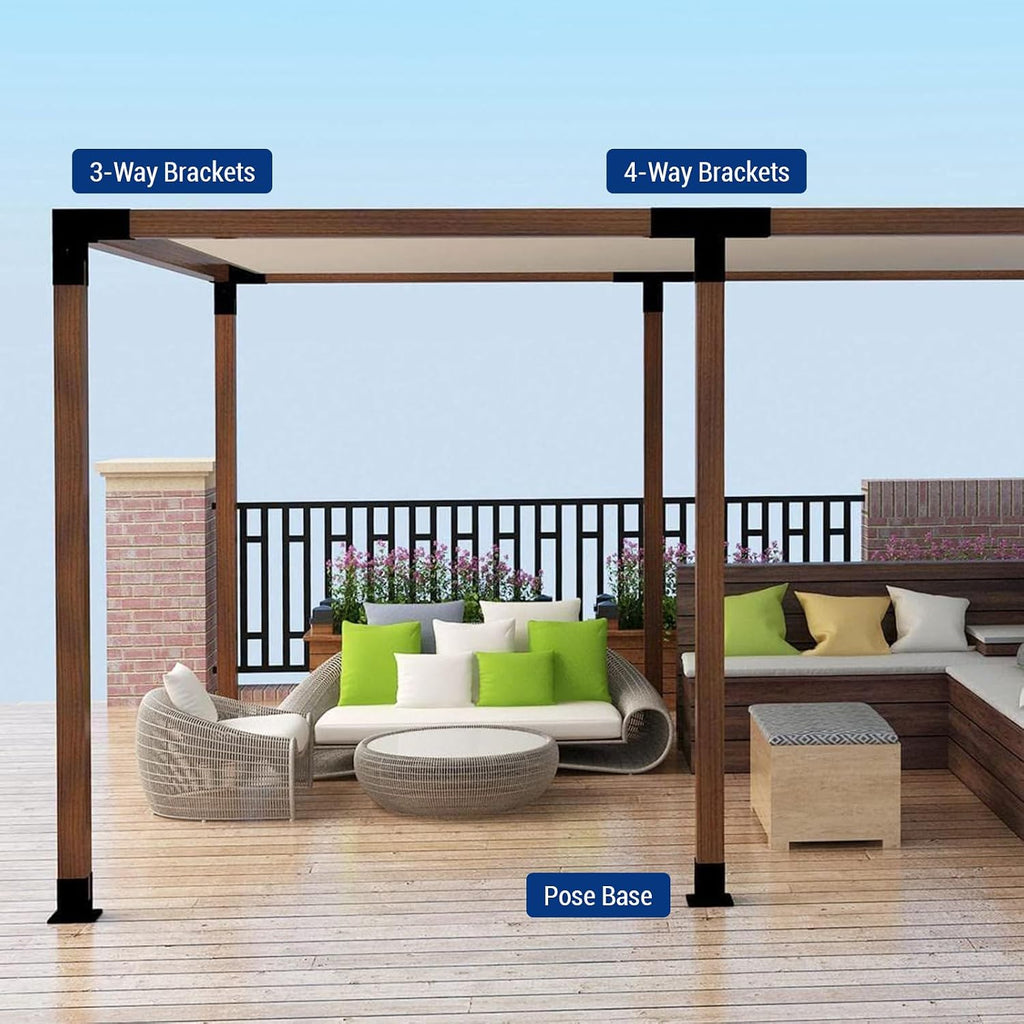 Pergola Brackets 4' x 4', 4 Pack 3-Way Angle Corner Brackets with 6 Pack Post Pergola Brackets, 2 Pack 4-Way Pergola Brackets, Powder Coated Pergola Hardware for Lumber Pergola Gazebo Sunroom